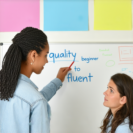 外籍英文老師與學生進行一對一教學，學生專注學習，背景為教室環境，展現從零到流利的教學過程，強調個別輔導和語言進步的加速。