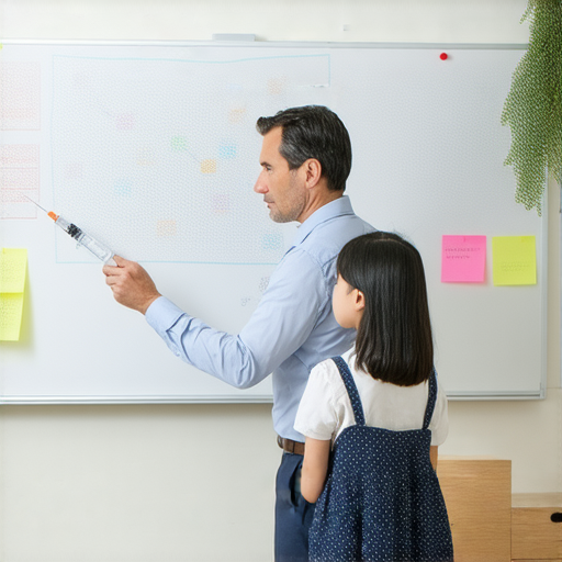 揭開注射與注射器的秘密的標題，強調1對1外籍英文老師幫助學習的場景，展示教師與學生互動，促進輕鬆掌握英文技能。