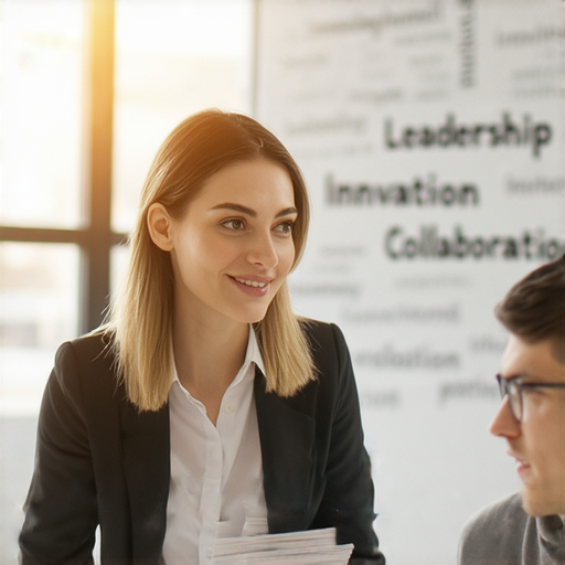 公務員英文學習場景，一位專業外籍老師正進行一對一教學，學生專注聆聽，背景顯示職場成功的關鍵字。