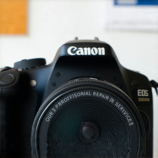 Canon EOS 3000D相機的特寫，展示其設計與功能，突顯拍攝潛能，背景為我們的專業維修服務標誌，讓用戶無後顧之憂。