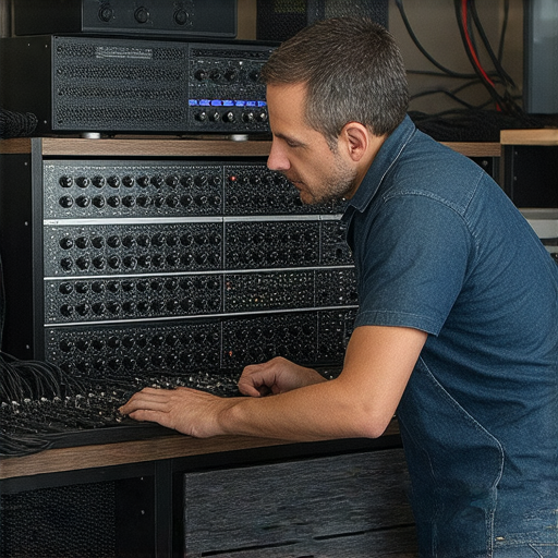 音響維修專家正在檢查音響設備，展示破解音響故障的技巧與秘訣，幫助音響愛好者排除故障，提升音質，享受更完美的音樂體驗。