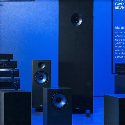 發掘完美音效的家用音響產品展示，包含多種藍牙音響選擇，旁邊有專業維修服務的宣傳海報，展現音質提升的生活方式。