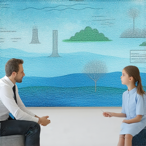 汞的神秘面紗，外籍老師與學生一對一討論汞對環境的影響，背景中顯示汞污染的圖示，強調環境保護的重要性，提升對汞的認識和理解。