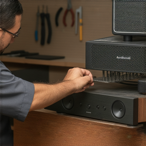 探索Android無限音質的WiFi擴音器，展示專業維修服務的場景，設備維修技師正在專注修理擴音器，讓您的音質回歸完美。