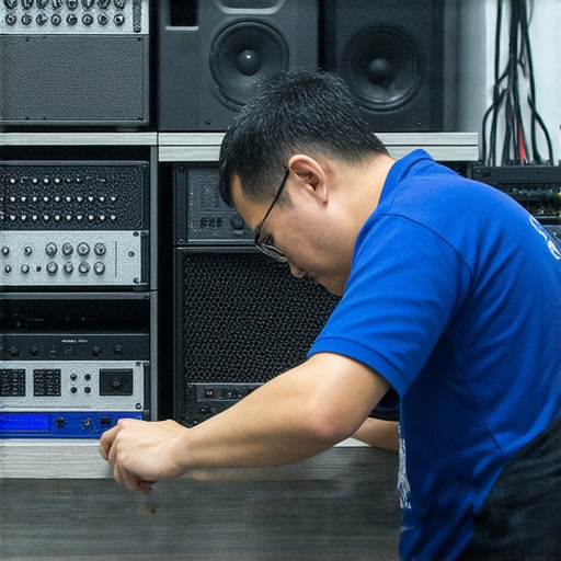 深水埗專業音響維修中心的技師正在檢查擴音器，專注於故障排除，提供高效解決方案，幫助客戶讓音響恢復最佳性能，焕發新生。