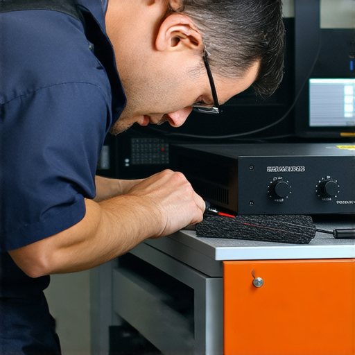 擴音器無線故障的維修服務，專業技術團隊重拾聲音的震撼體驗。圖片展示了技師在檢修擴音器，確保音質恢復。