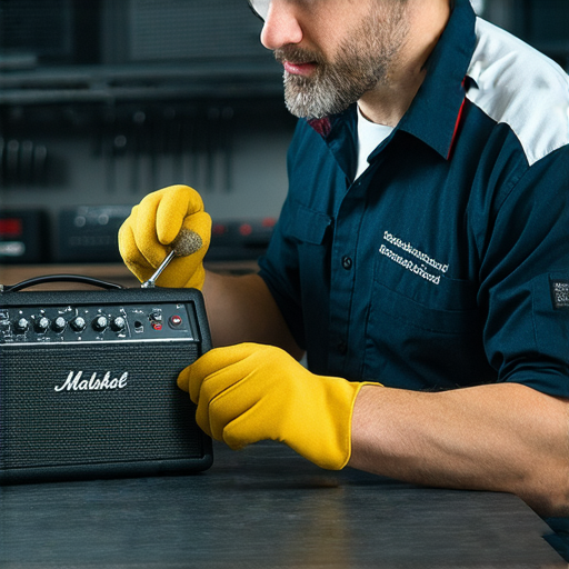 擴音器維修服務專業人員正在檢查失真的擴音器，確保每一個音符能夠完美重現，彰顯專業技術與服務品質，讓音樂恢復清晰，音效達到最佳狀態。