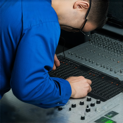 專業擴音器維修服務的技術人員正在檢查音響設備，解決音響失靈的問題，讓客戶重拾音樂之美，專注於音響維修的細節與專業技術。