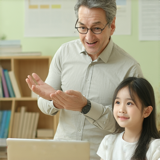 一名專業外籍英文老師正在與學生進行一對一的課程，教室環境舒適，學習氛圍輕鬆，祝福學生未來一切順利，開啟成功之路。