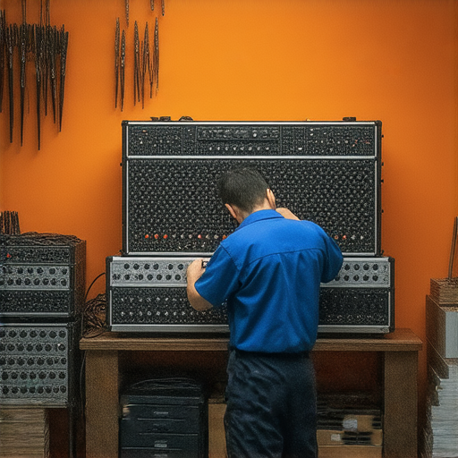 陶聲擴音器維修服務圖片，技術專家正在專注檢查擴音器，確保粵曲音色重現，提供專業維修解碼服務，讓音質恢復至最佳狀態。