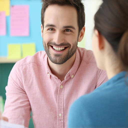 外籍老師一對一教學場景，學生專注聆聽，老師引導對話，輕鬆互動，展現學習氛圍，立即體驗，讓你的英文脫胎換骨，提升溝通能力。