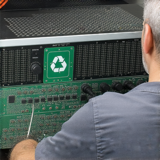 擴音器故障的專業維修服務，顯示技術人員正在檢查擴音器，維修工具、元件和環保標誌，強調維護擴音器的重要性與環保理念，助力可持續發展。