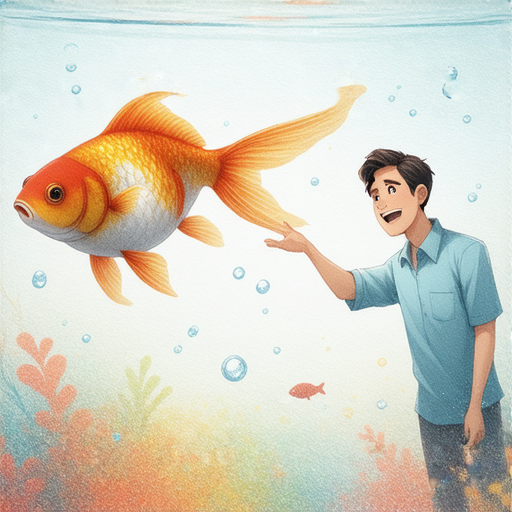 金魚在水中游動，一位外籍老師正在與學生互動，教授英語交流技巧，展現一對一教學的生動場景，讓學習語言變得有趣和有效。