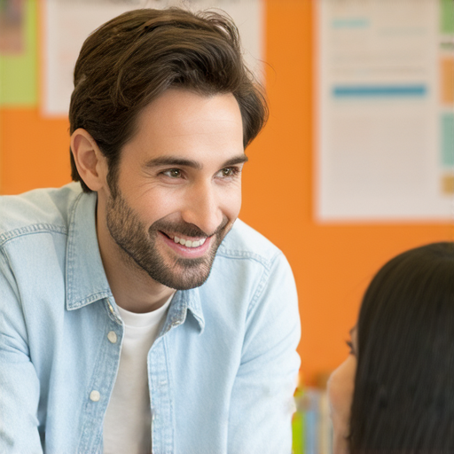 一位外籍英文老師與學生交流，分享爺爺的故事，學生專注聆聽，背景為教學環境，提升英語水平，探索有趣的文化交流，學習英語的最佳機會。