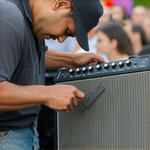 發揮音樂魅力的busking擴音器維修過程，專業技術人員正在檢查設備，背景中可見音樂表演，展示我們的專業服務與音樂愛好者的互動。