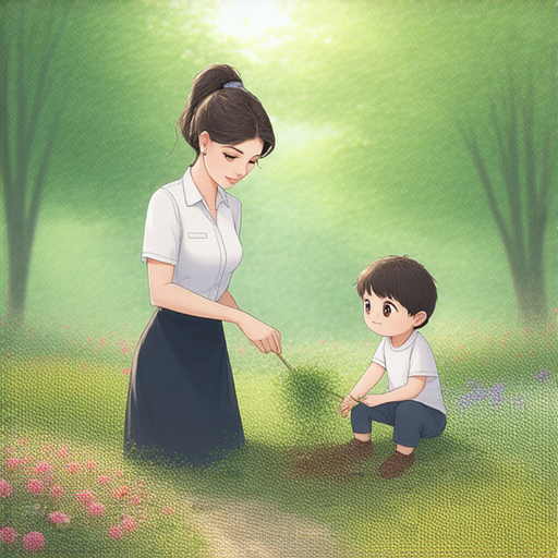 一位外籍老師正在教學生除草技巧，背景是美麗的花園，學生專注學習，強調英語學習與園藝技巧的結合，展現一對一教學的互動性與趣味性。