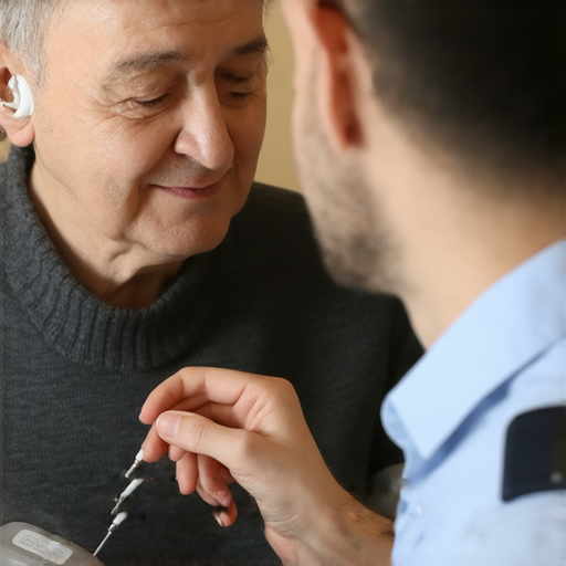 失聰者使用擴音器的情境，專業技術人員正在提供維修服務，幫助客戶重拾聲音，展現對聽力輔助設備的關懷與專業。