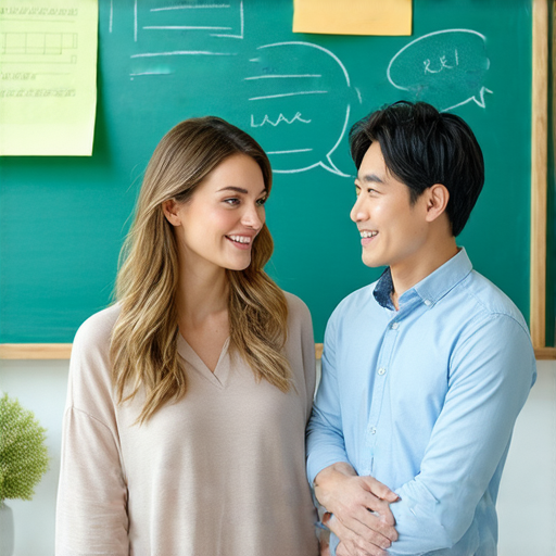 提升英文能力的廣告圖片，展示外籍老師與學生之間一對一教學的互動場景，強調流利對話技巧的學習，吸引立刻體驗的學生關注。