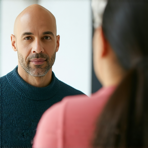 禿頭男性面對鏡子展現自信，旁邊有外籍老師一對一指導，學生專注學習英文，顯示出提升自信與語言能力的最佳秘訣。