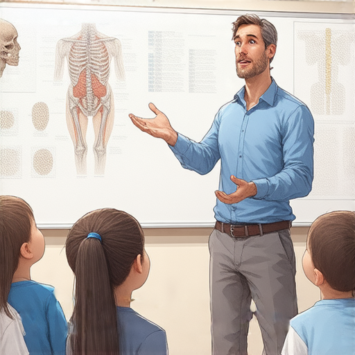 外籍老師示範肩胛骨的結構與功能，教學過程中用英文流暢表達，學生積極參與學習，探索人體解剖學的奧秘。