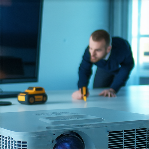 專業維修技術人員正在檢查停擺的會議室投影機，手中持有工具，背景是清晰的會議室環境，幫助恢復設備功能，重拾清晰視界，提供維修服務的專業形象。