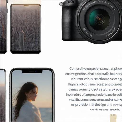 手機與相機的比較圖，展示手機拍攝的照片與專業相機拍攝的照片，強調手機取代相機的可能性，並突顯我們的專業維修服務。