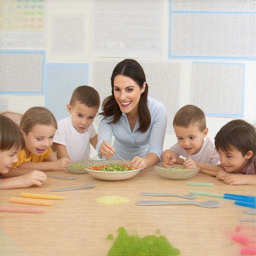 外籍老師教學場景，學生在探索餐具的奧秘，專注學習英文，環境活潑，充滿互動與啟發，提升英語能力，讓英文學習更添風味。