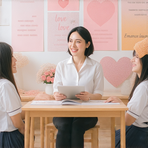 學會浪漫英文短句的圖片，展示愛意的表達方式，配有外籍老師教學場景，吸引人點擊預約，開啟浪漫之旅的鼓勵語，強調提升語言能力與情感聯繫。