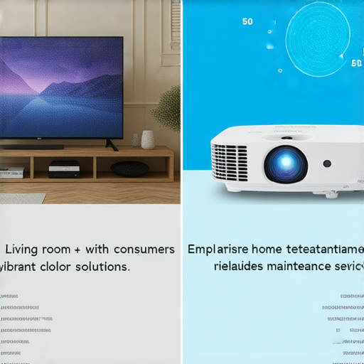 激光電視與投影儀的比較圖，展示兩種設備的使用情境，強調其優缺點及適用場合，適合考慮家庭娛樂方案的消費者，包含維修服務資訊。