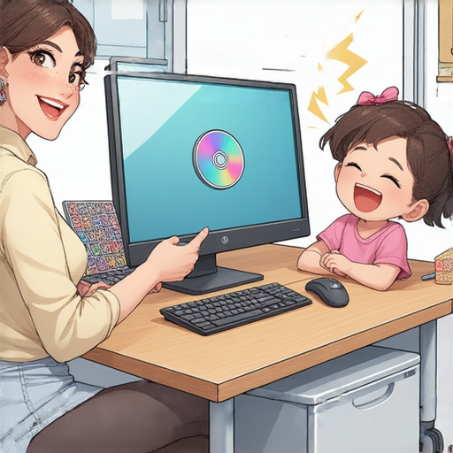 燒錄光碟的過程，展示外籍老師與學生一對一互動，學生愉快地學習英文，背景有光碟和電腦設備，體驗學習的精彩瞬間，提升語言能力的最佳選擇。