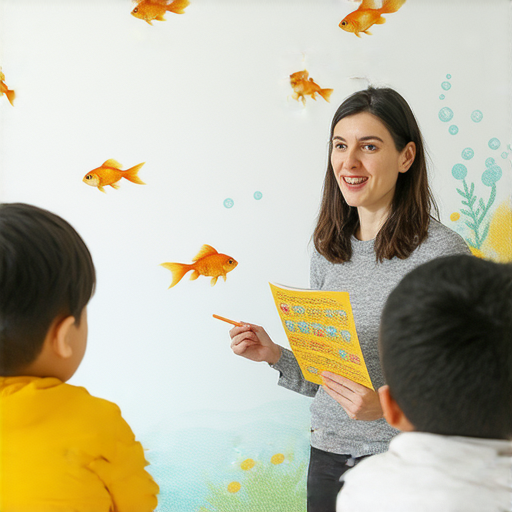 揭開金魚的神秘面紗，外籍老師一對一英文課程，學生與老師互動學習英語，背景呈現金魚主題，環境明亮活潑，吸引學習興趣。