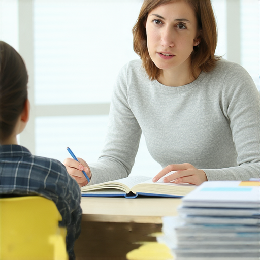 外籍老師一對一教學場景，學生專注於學習流利英文，書桌上擺放著英語教材，教室環境舒適，掌握流利英文的秘密，開啟語言之旅的完美選擇。