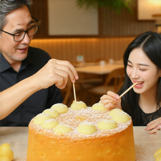 馬蹄糕與外籍老師一對一學英語的場景，展示港式美食的秘密融合，老師指導學生品嚐馬蹄糕，營造輕鬆的學習氛圍，體驗美食與語言學習的完美結合。