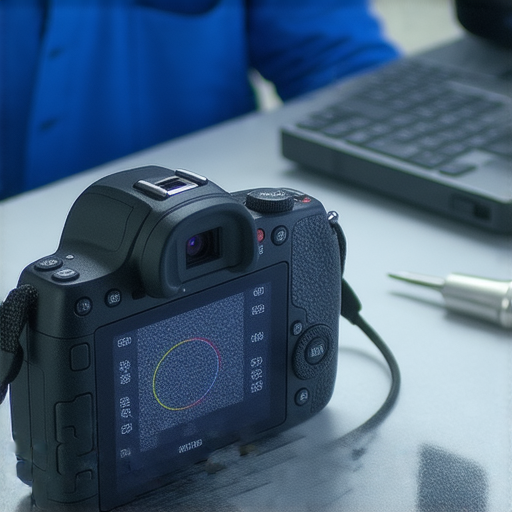 數碼相機顯示模式失靈的情景，技術人員正在檢查設備，展示恢復技巧與專業維修過程，幫助用戶解決拍攝問題，確保拍攝無所限制的可能性。