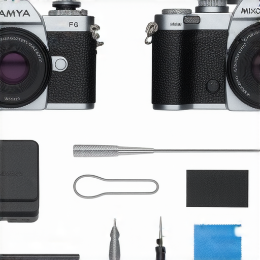 Mamiya數碼相機和Minox數碼相機的DIY修復步驟示範，專業維修服務的介紹，展示維修工具與相機配件，提供使用者了解維修技巧與專業服務的視覺參考。