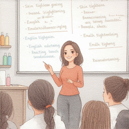 外籍老師教你緊緻肌膚的英文說法，課堂氛圍輕鬆愉快，學生專注學習，場景展示肌膚護理知識的探索，強調美妝與護膚的關聯。