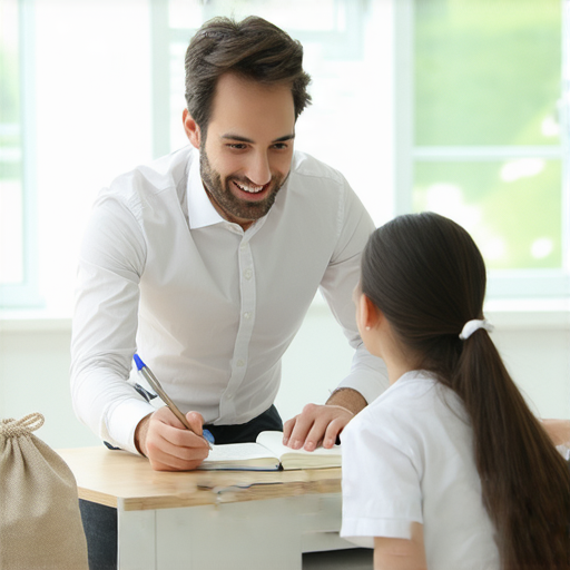 一位外籍老師正與學生進行一對一英語教學，旁邊放著沙袋，展示如何運用英語進行表達，學習氛圍輕鬆愉快，學生積極參與。