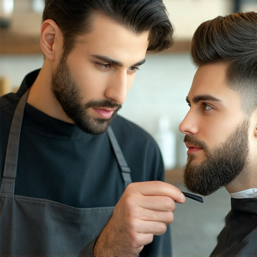 理髮師與外籍老師一對一學習英文，提升理髮技術的場景，教師指導學生溝通技巧，強調專業成長與語言能力的重要性，讓職業生涯更上一層樓。