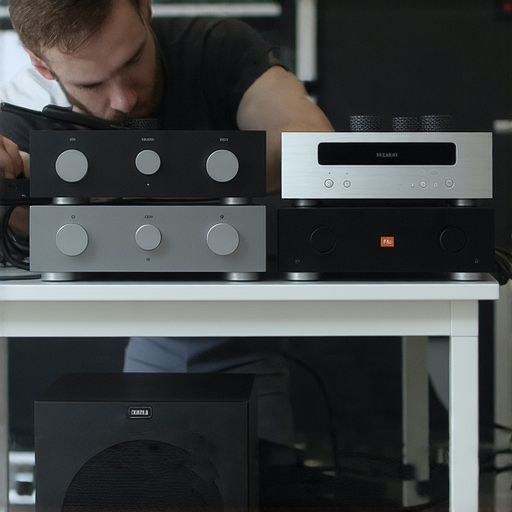 音響維修服務展示，包含Hifiman、JBL等品牌，技術人員專業檢查音響設備，確保音質恢復，特別適合需要專業維修的音響愛好者。