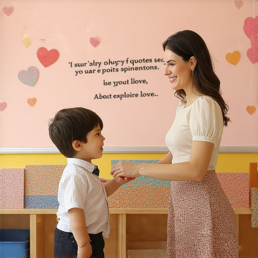 一位外籍老師與學生一對一學習愛的英文語錄，背景是繽紛的教室，展現心靈與語言共舞的美好瞬間，強調探索愛的主題和學習的重要性。