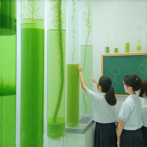 探索綠藻的奧秘的圖片，展示外籍英文老師與學生們在實驗室中觀察綠藻，老師耐心解說綠藻的生態和特性，增進學生的科學知識和興趣。
