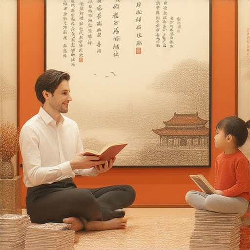 一位外籍英文老師正與學生進行一對一的教學，背景中展示了汉族文化的元素，彰顯了文化的魅力與學習英文的樂趣。