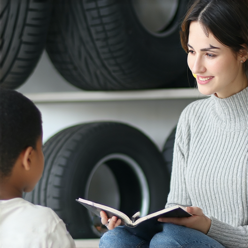 探索輪胎奧秘的圖片，展示一對一外籍老師指導學生學習英文，提升專業詞彙，背景包含各種輪胎，強調學習與實踐的重要性。
