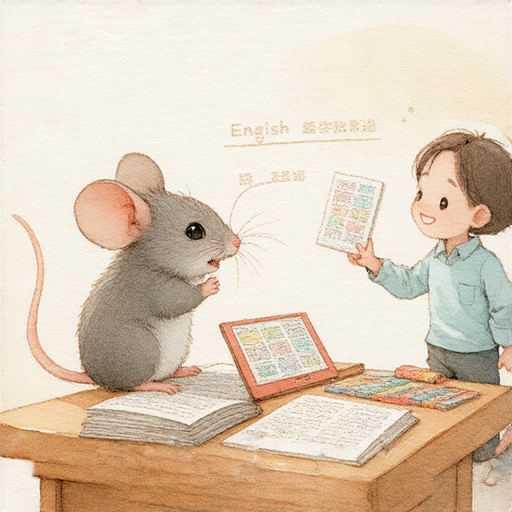 揭示鼠患之謎的圖片，強調學習英文的重要性，展示外籍老師一對一教學服務，讓學生解決困擾，提升英文能力，享受學習的樂趣。