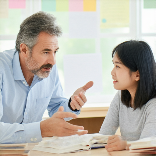 一位外籍老師與學生進行一對一的英語指導，學生專注學習，獲得流利英文的自信，開啟英語學習之旅，展示專業的教學環境和積極的互動。