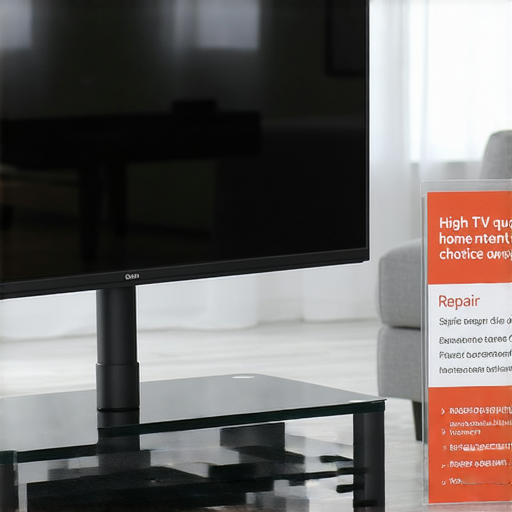 移動電視機架展示在現代客廳中，方便調整角度以提升觀影體驗，旁邊有維修服務資訊提示，強調提升居家娛樂質量的選擇。