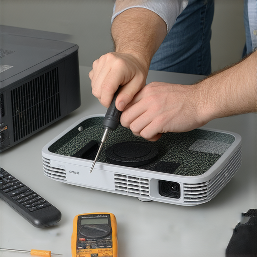 投影機故障維修小技巧，展示維修過程的手部操作，重啟投影機、檢查燈泡、調整設定，讓影像畫質恢復生機的有效方法。