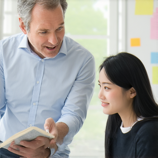 樓齡英語全攻略的外籍老師在教授學生，學員專心學習流利對話技巧，展示一對一教學的互動場景，讓學習英語變得生動有趣。