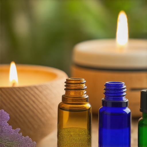 香薰療癒相關圖片，展示多種香氛精油和香薰燈，強調如何用英文深入了解香氛的神奇，鼓勵立即預約外籍老師輕鬆學習香薰知識。