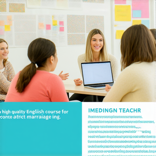 結婚英文必學的課程宣傳圖片，吸引學員詢問外籍老師，開啟學習流利對話之旅，展示生動的學習情境及多元的文化交流，提升英語能力與自信心。